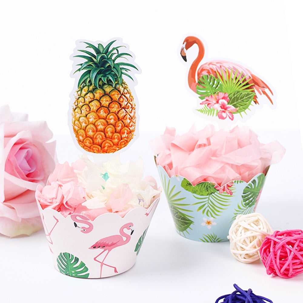 48PCS Flamingo Pineapple Cupcake Toppers Wraps DIY - ohpineapple